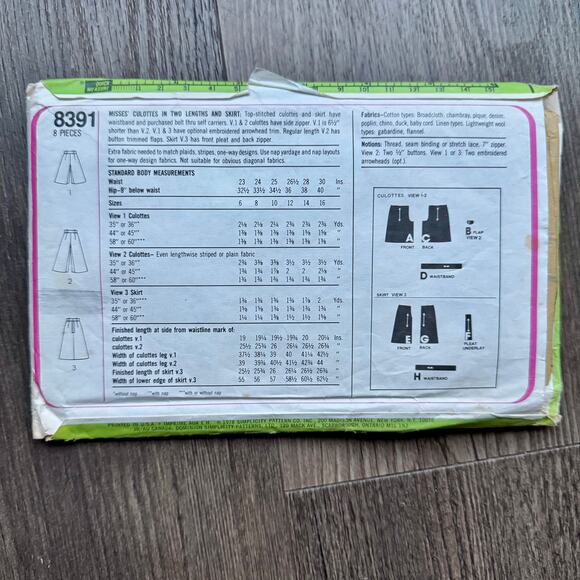 Vintage 1970s Simplicity 8391 Sewing Pattern Womens Sz Sm Culotte Skirt COMPLETE - Picture 2 of 2